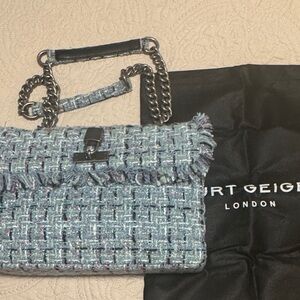 Kurt Geiger Light Blue Tweed Shoulder Bag with Chain Strap